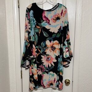 Roz & Ali Black Floral Bell-Sleeve Shift Dress with Pastel Blooms
